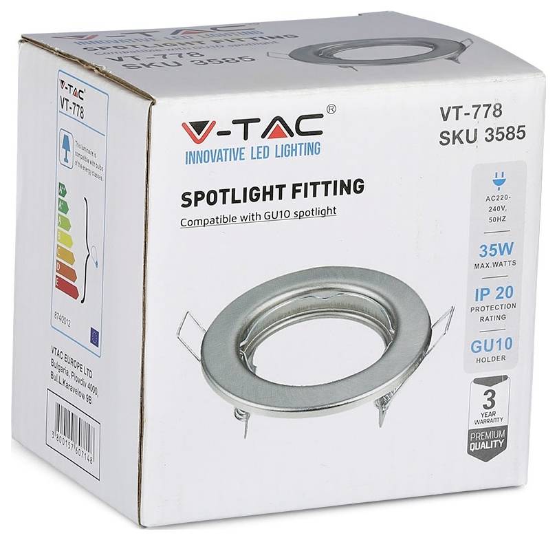 Boîte de support de projecteur V-TAC, modèle VT-778, compatible avec ampoule spot GU10. Caractéristiques comprenant une puissance maximale de 35W, indice de protection IP20, garantie de 3 ans.