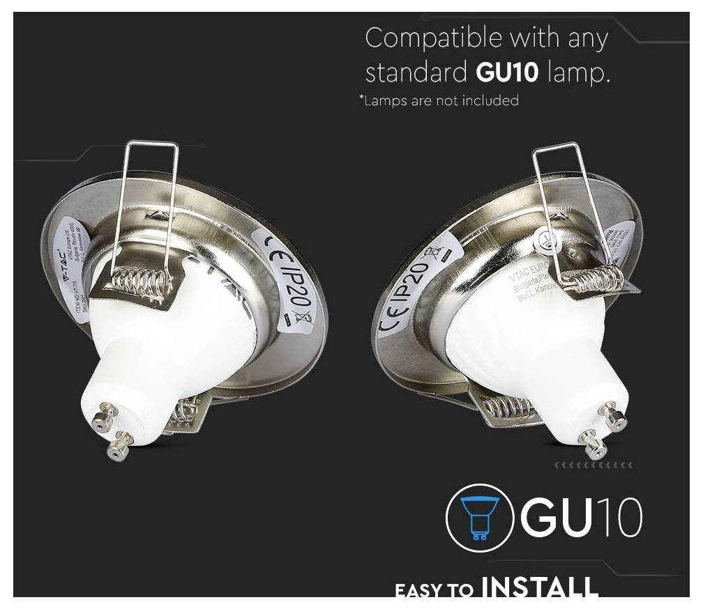 Deux supports de lampe GU10, étiquetés avec 'IP20' et 'CE'. Le texte indique : 'Compatible avec toute lampe GU10 standard. Installation facile'.