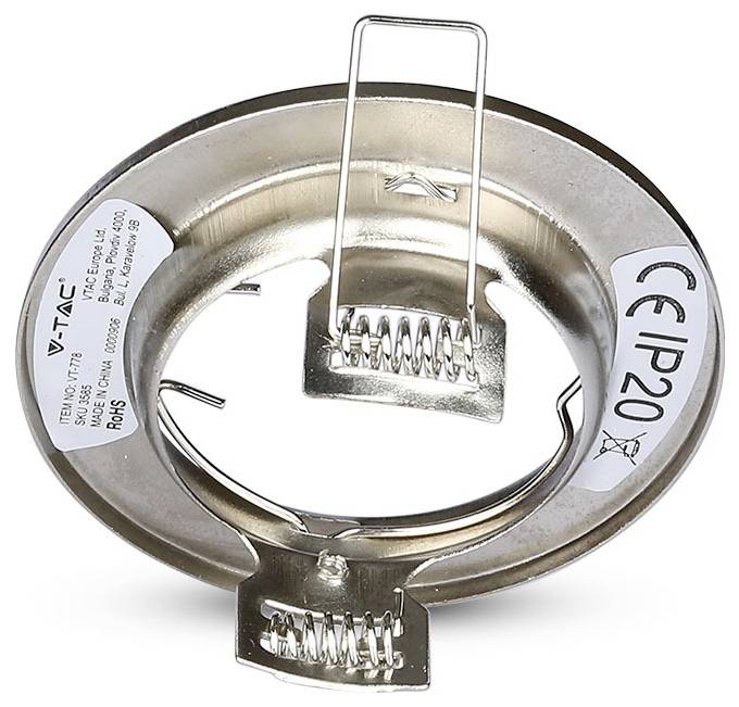 Luminaire annulaire métallique 'V-TAC', présentant des marquages CE et IP20, avec des ressorts métalliques et un support de fixation pour ampoule.