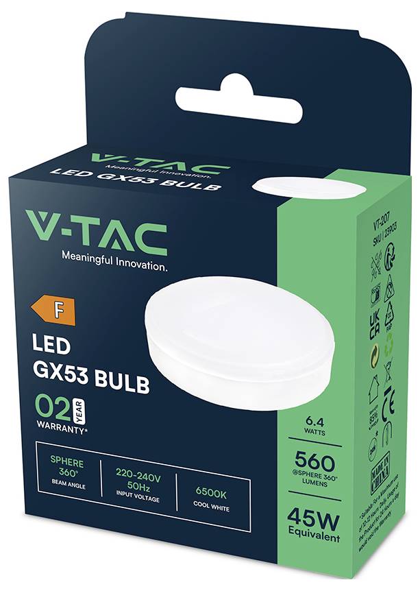 Ampoule LED V-TAC GX53, image du produit sur l'emballage. Caractéristiques principales : 6,4 watts, 560 lumens, blanc froid 6500K, classe énergétique F.