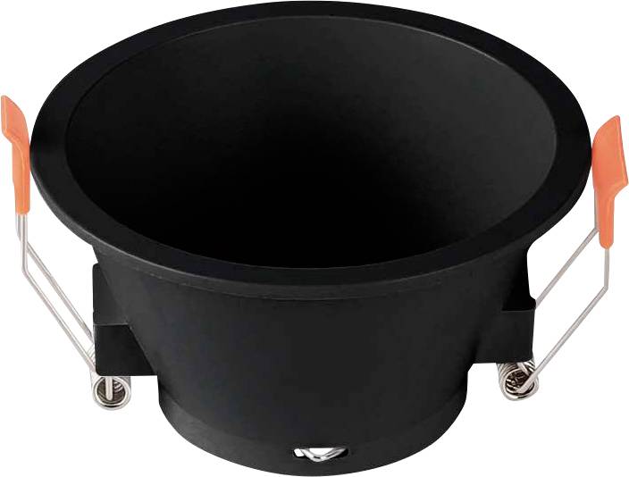 Un luminaire encastré noir avec des supports en argent et des clips oranges, conçu pour une installation affleurante.