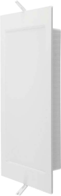 Un haut-parleur rectangulaire blanc avec un design à montage affleurant, probablement destiné à une installation murale, présentant un minimum d'éléments visibles pour un aspect élégant et épuré.