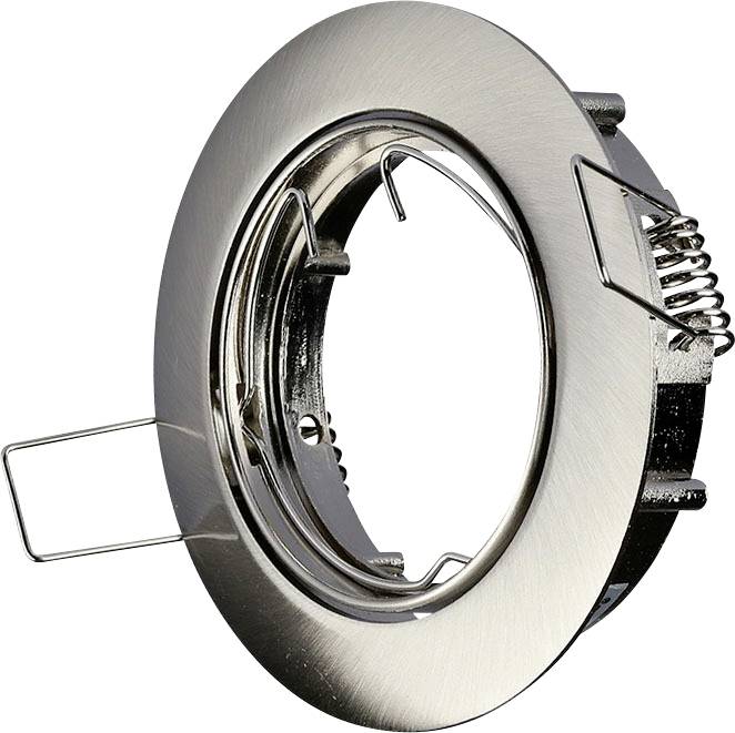 Un luminaire encastré de plafond rond en métal avec une finition brossée, muni d'un clip de montage et d'un ressort, conçu pour maintenir une ampoule.