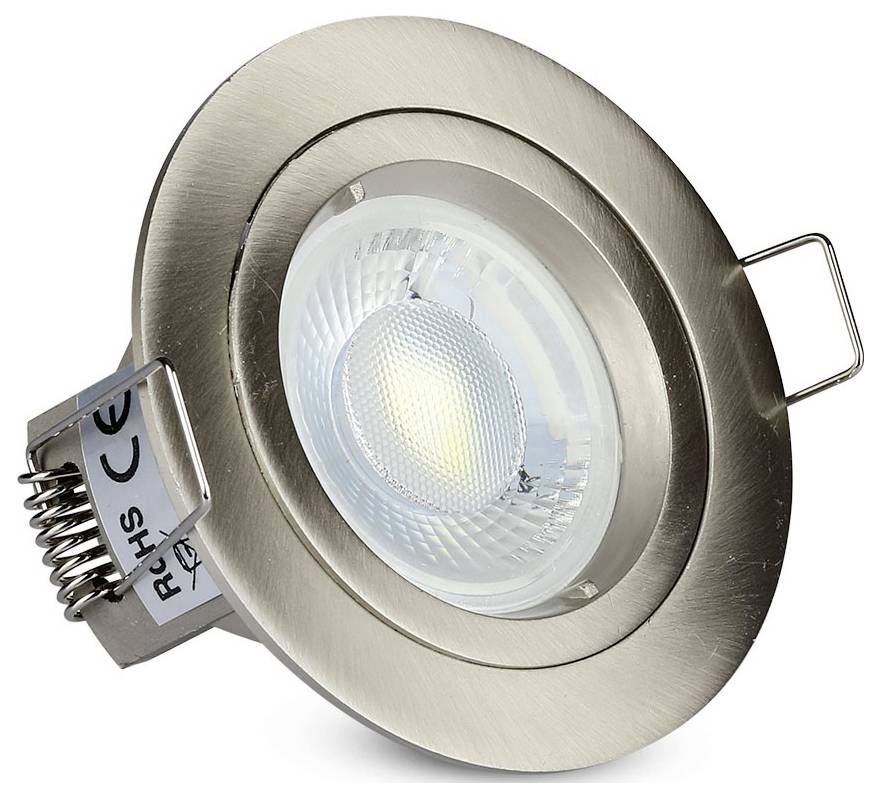 Luminaire encastré, finition en métal brossé, forme ronde avec boîtier à pince et ampoule visible au centre.