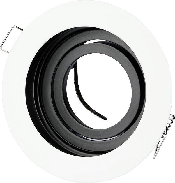 Luminaire plafonnier rond avec un anneau extérieur blanc et un intérieur noir ajustable, muni d'un clip à ressort pour l'installation.