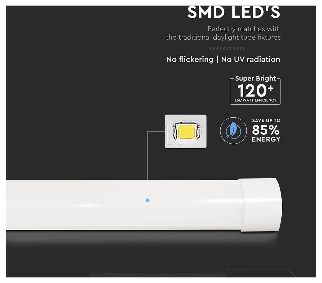 'LED CMS : Pas de scintillement, Pas de rayonnement UV, Ultra-brillant 120+ lm/watt d'efficacité, Économisez jusqu'à 85% d'énergie. Image d'un tube lumineux.'