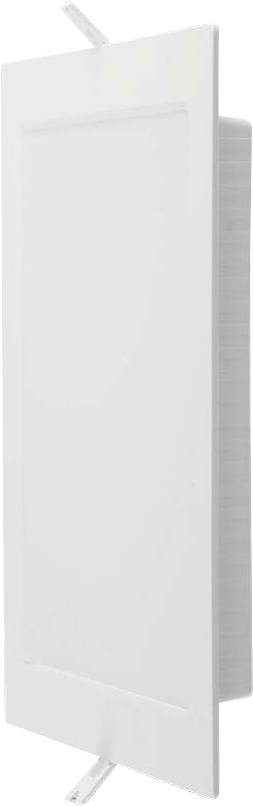 Couvercle de ventilation blanc pour mur, présentant un design rectangulaire avec des lamelles visibles depuis un angle latéral.