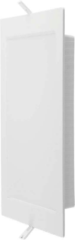 Couvercle de grille d'aération rectangulaire blanc avec lamelles inclinées, positionné pour diriger le flux d'air. Adapté pour une installation murale ou au plafond.