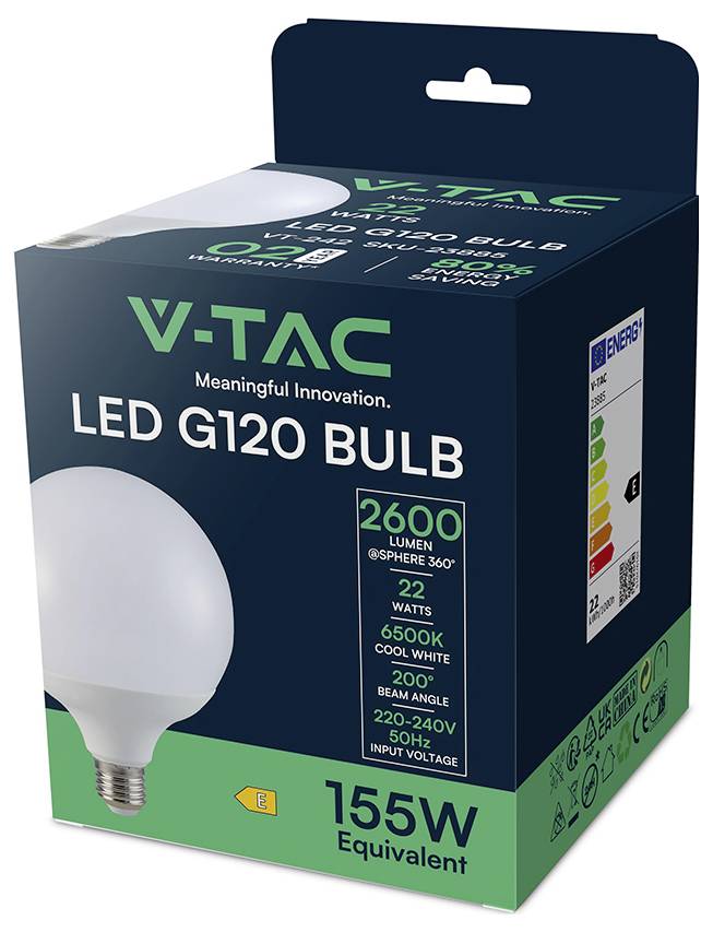 Ampoule V-TAC LED G120<br>2600 lumens<br>22 watts<br>6500K<br>220-240V<br>Angle de faisceau 200°<br>Équivalent 155W<br>Classe énergétique E