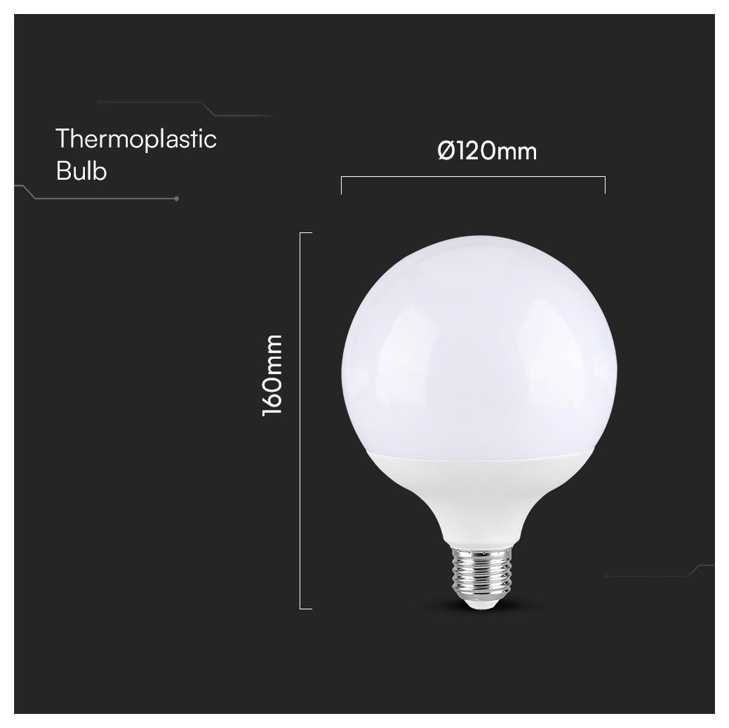Un bulbe en thermoplastique blanc et rond est représenté sur un fond noir, mesurant 160 mm de hauteur et 120 mm de diamètre.