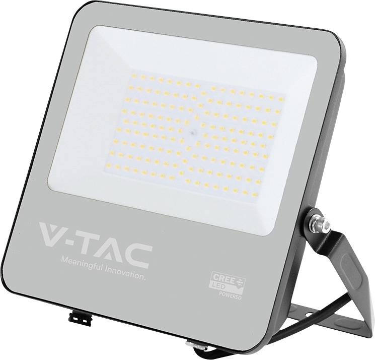 Projecteur LED avec logo « V-TAC Meaningful Innovation », alimenté par LED Cree, présentant un design rectangulaire, support ajustable inclinable.