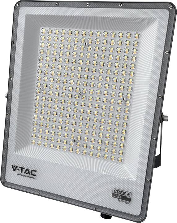 Un projecteur LED rectangulaire avec une grille de multiples ampoules, présentant les logos « V-TAC » et « CREE LED Powered » sur le cadre.