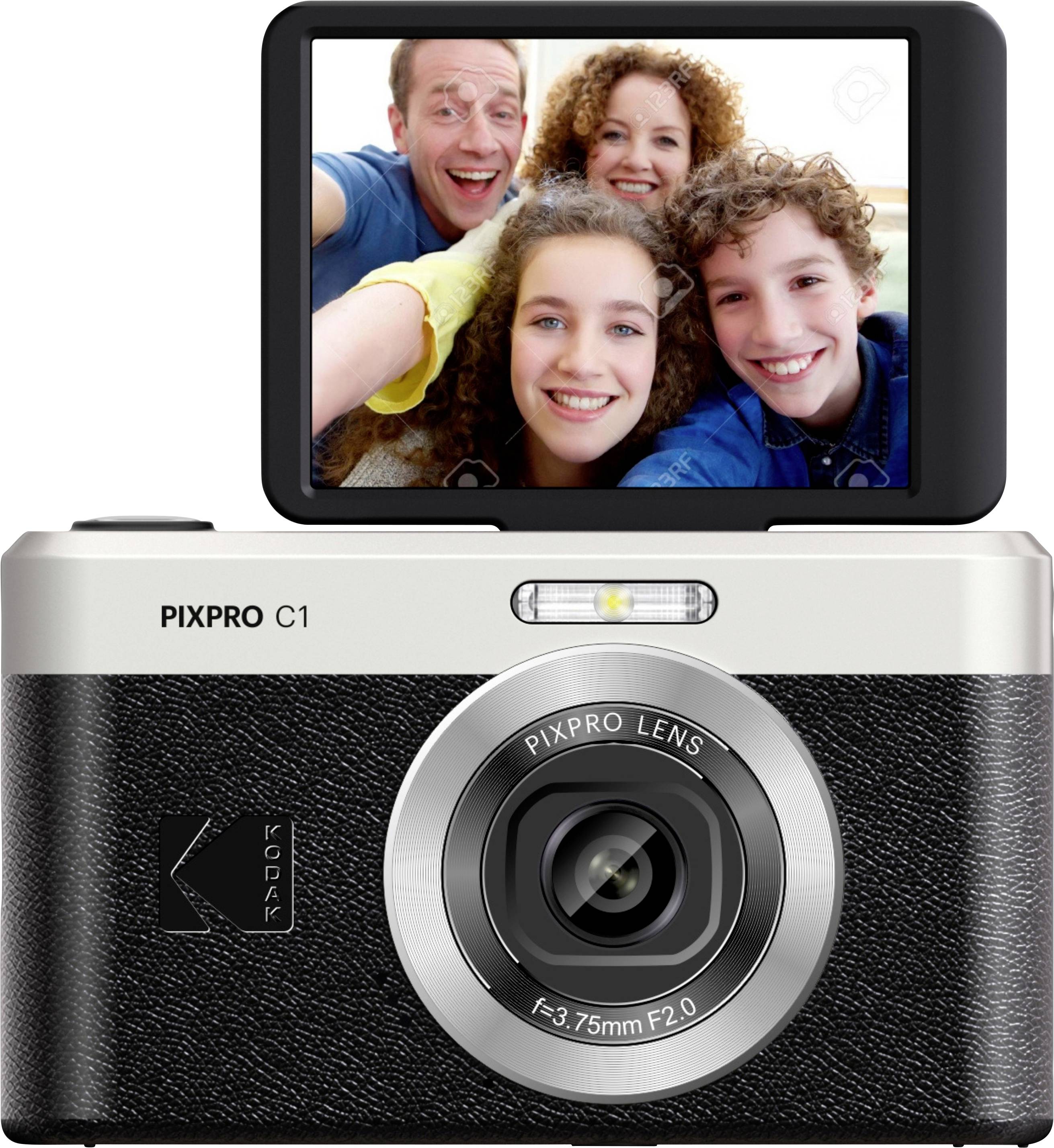 Appareil photo compact avec écran rabattable affichant un selfie de groupe de quatre personnes souriantes. Les détails de l'objectif indiquent « PIXPRO LENS f=3,75 mm F=2,0 ».