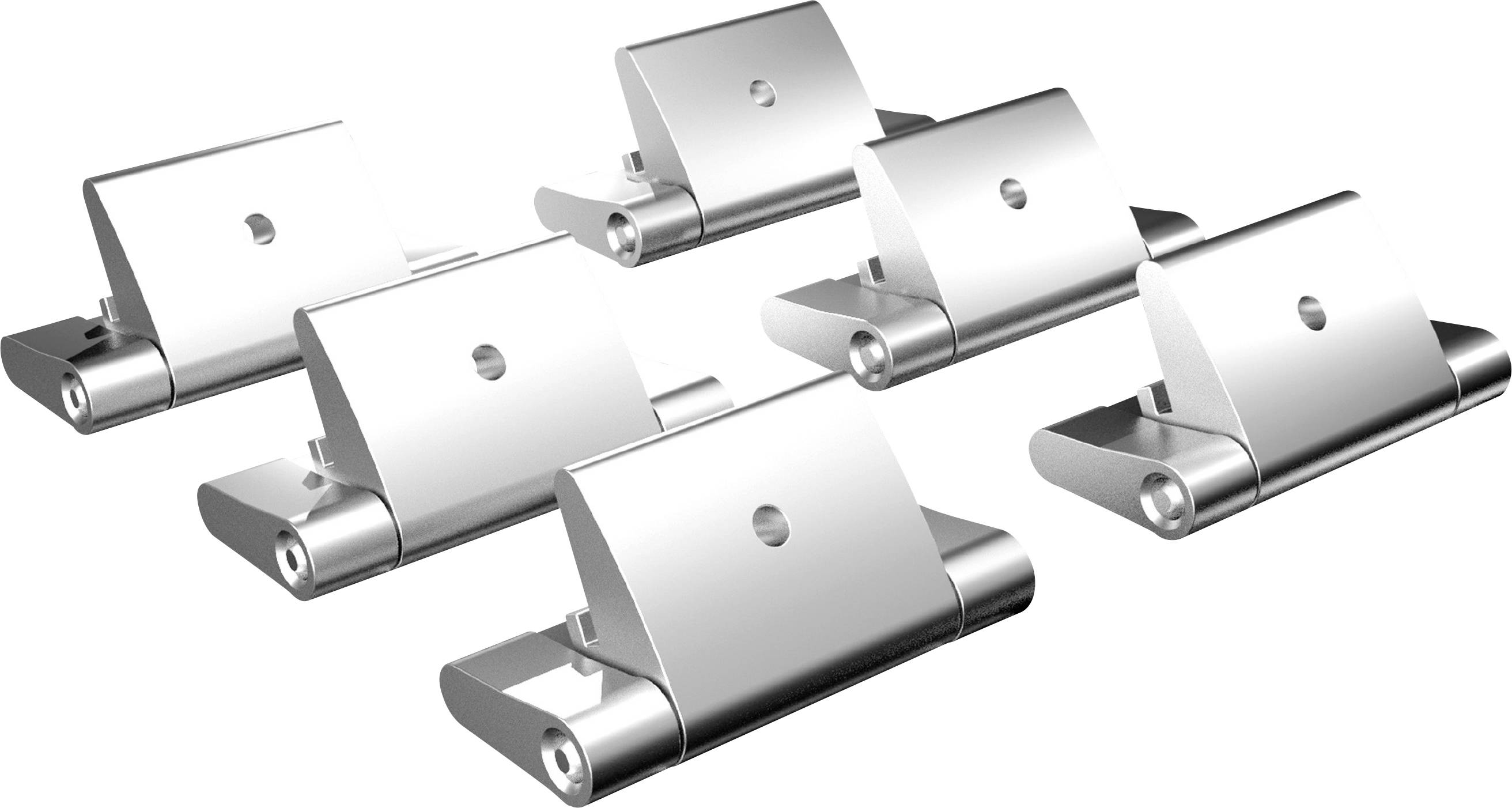 Six silver metal hinges, evenly spaced, arranged in two rows, showcasing a sleek, industrial design.