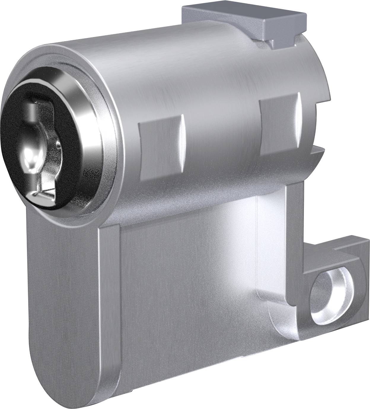 Un verrou à came métallique avec un corps cylindrique et un trou de serrure, utilisé pour sécuriser des armoires ou des tiroirs. Il présente un design robuste et compact.