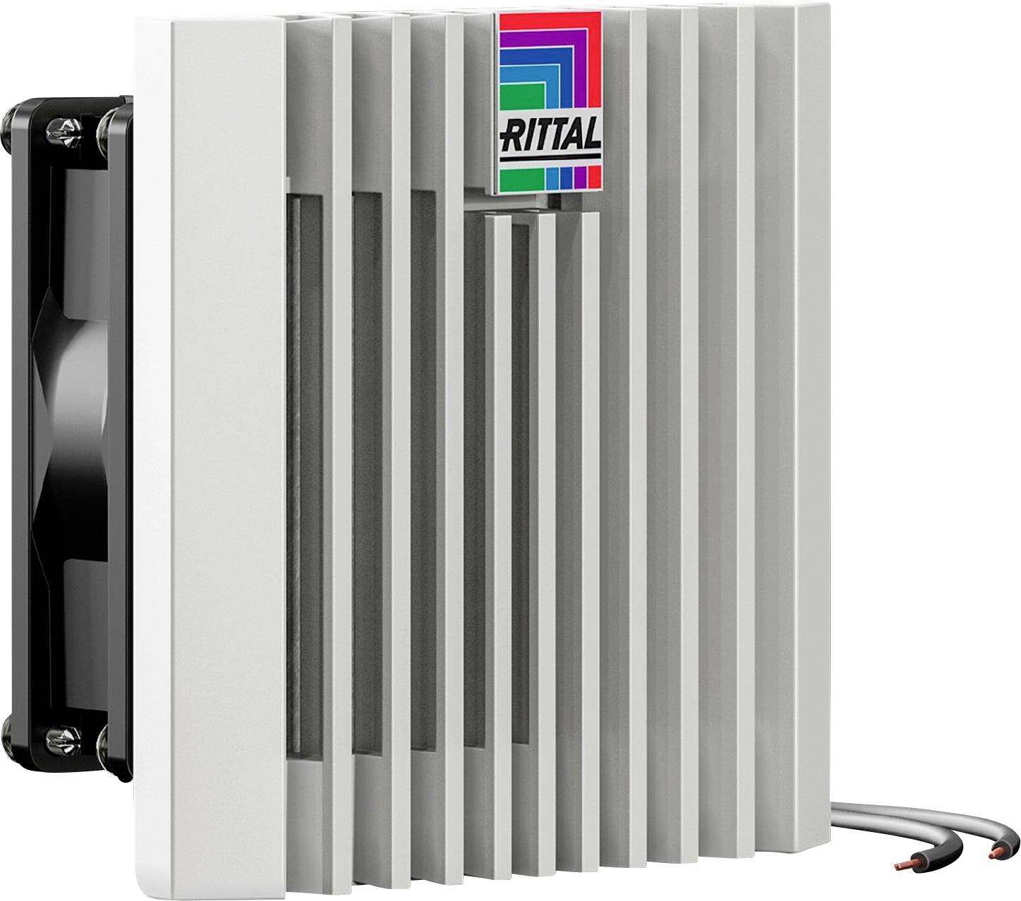 Une unité de ventilation avec un ventilateur, marquée d'un logo coloré, dotée de lames verticales et de fils connectés, typiquement utilisée pour le refroidissement.