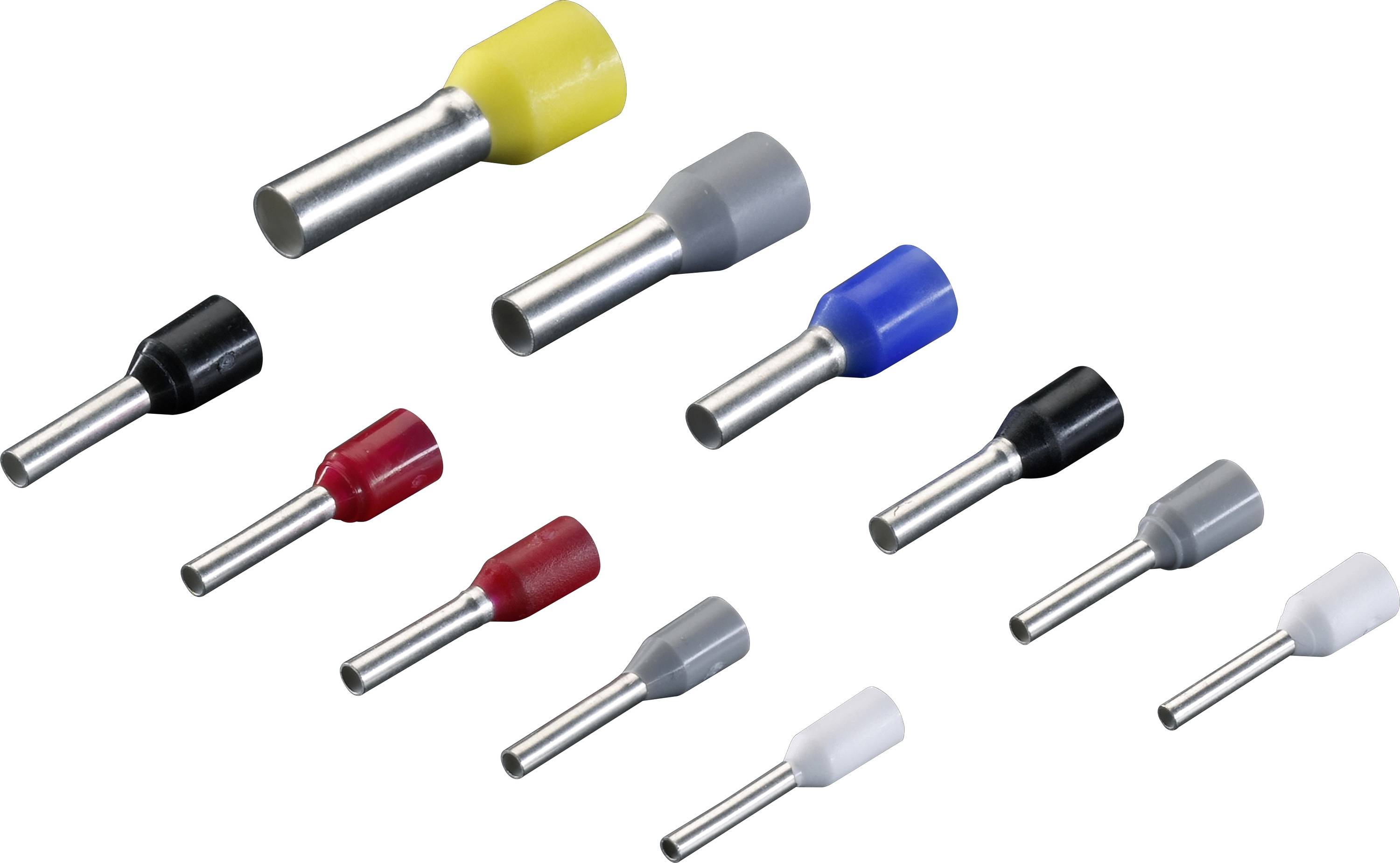 Une variété de ferrules en fil de différentes tailles et couleurs, comprenant du jaune, du gris, du bleu, du noir, du rouge et du blanc, disposées sur un fond blanc.