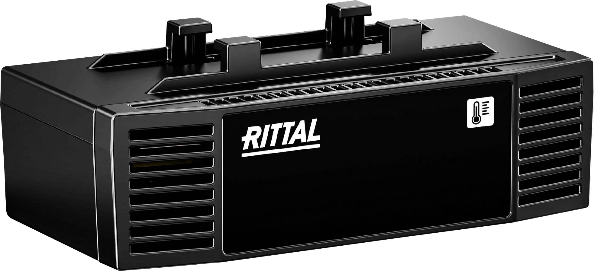 Une unité de refroidissement RITTAL noire au design rectangulaire épuré avec des grilles de ventilation sur les côtés.