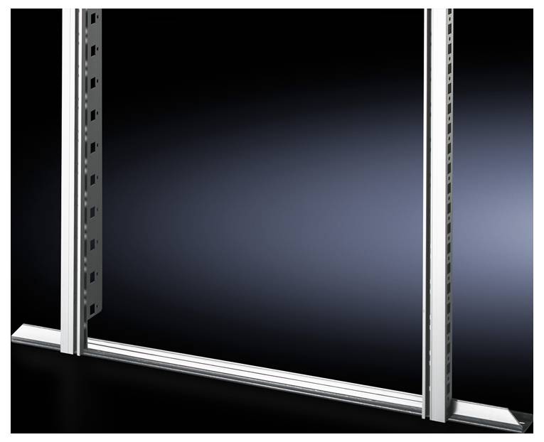 Structure de cadre métallique contre un fond noir et bleu dégradé, avec des poutres verticales rainurées et des barres de support horizontales.