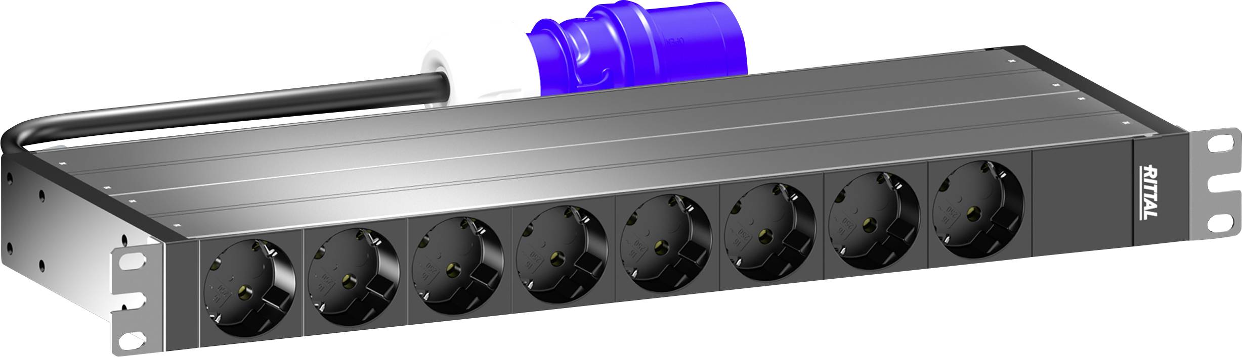 Une unité de distribution électrique (PDU) montable en rack 1U avec huit prises et une fiche bleue, conçue pour une utilisation dans des serveurs ou des centres de données.