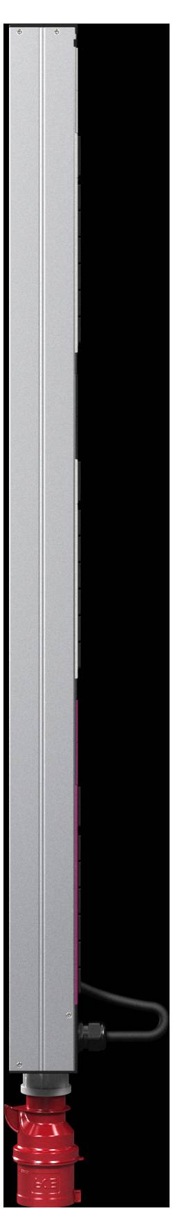 Une tige verticale en métal gris avec un ressort rouge attaché au bas et un câble noir fin qui en sort.