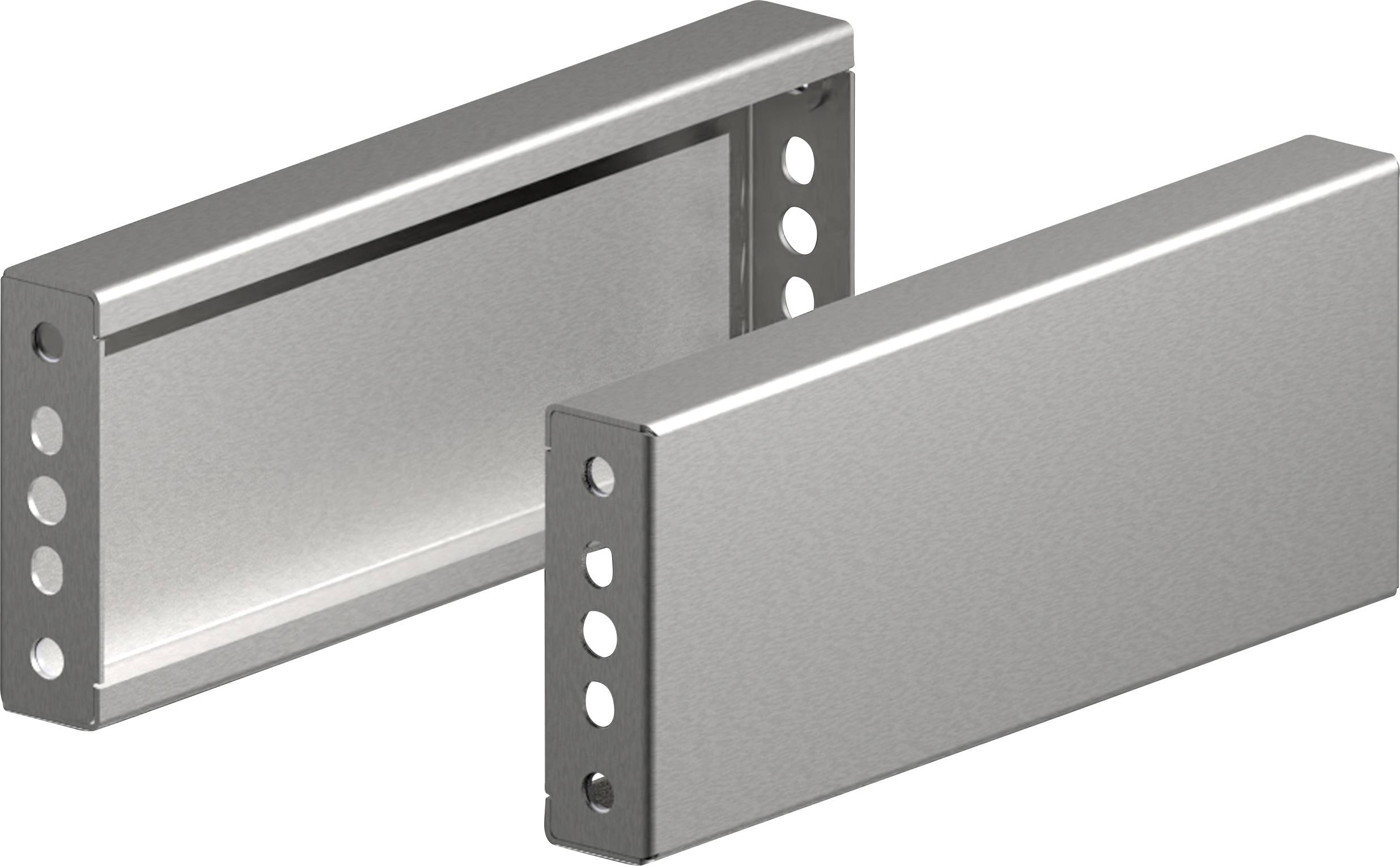 Deux plaques métalliques grises avec des trous circulaires sur les côtés, positionnées en angle.