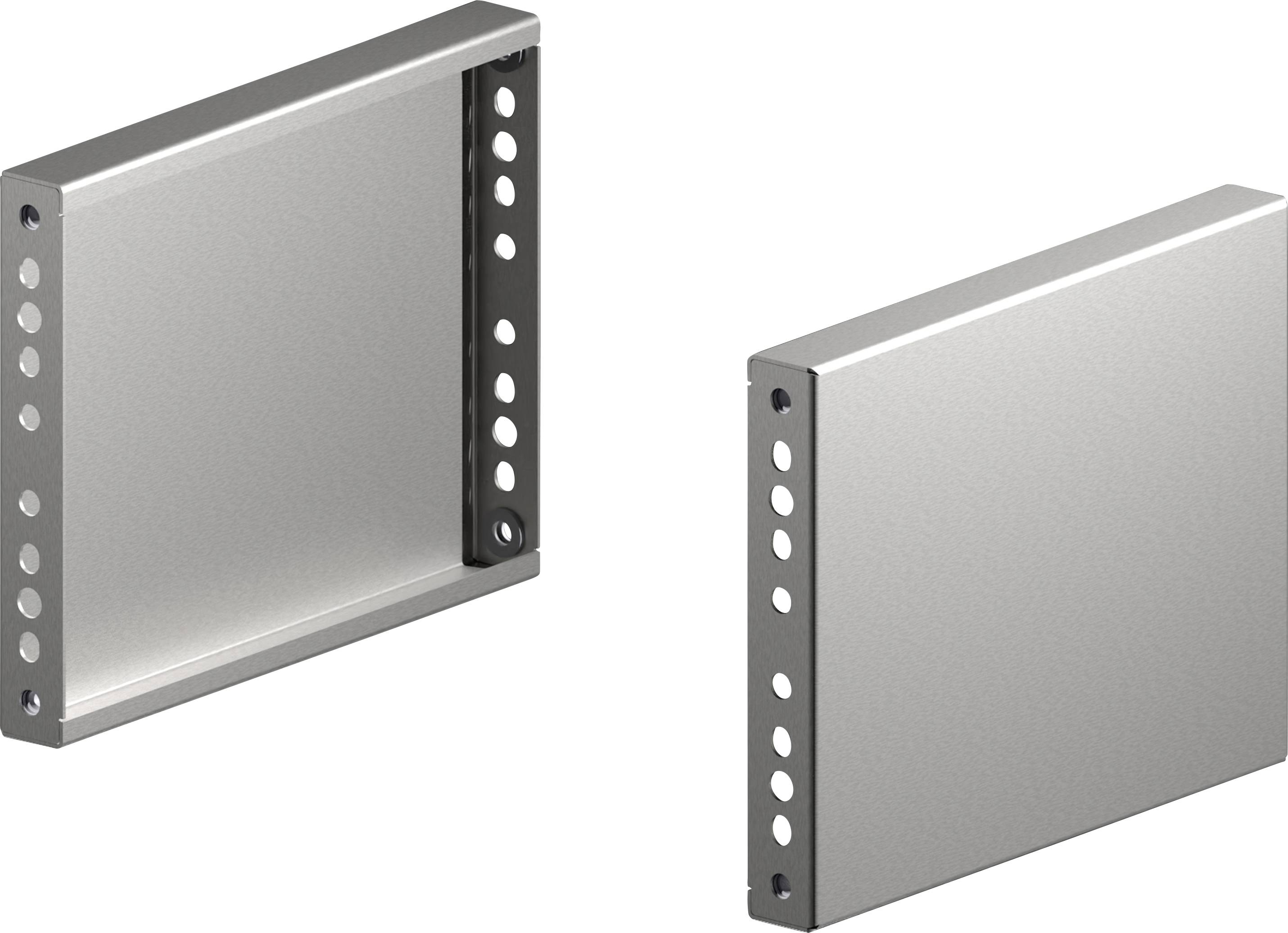 Deux panneaux rectangulaires métalliques argentés avec des rangées de trous circulaires sur les côtés, présentés sur un fond blanc.