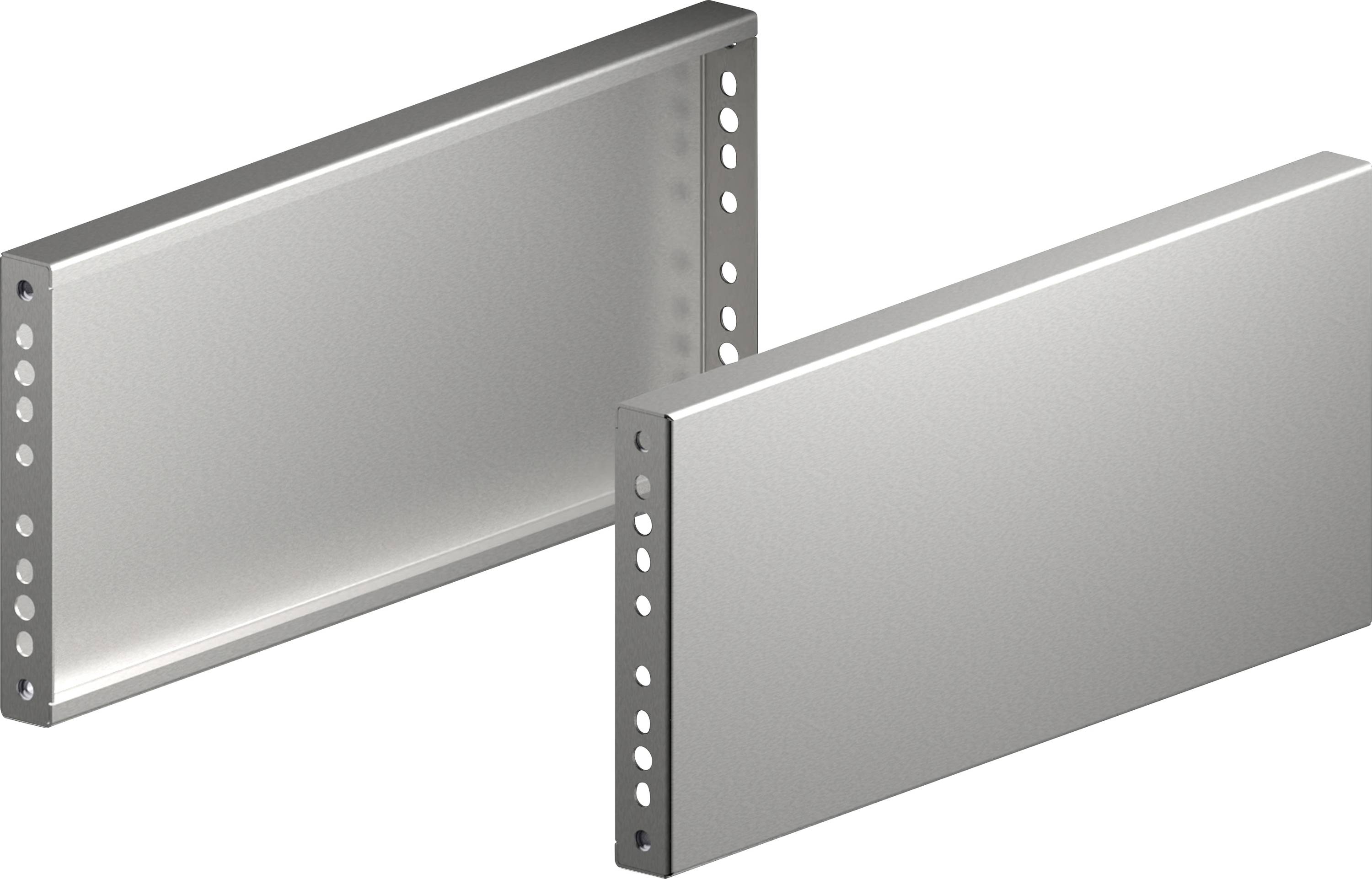 Deux panneaux rectangulaires métalliques aux bords perforés, positionnés de manière parallèle et légèrement espacés, sur un fond uni.