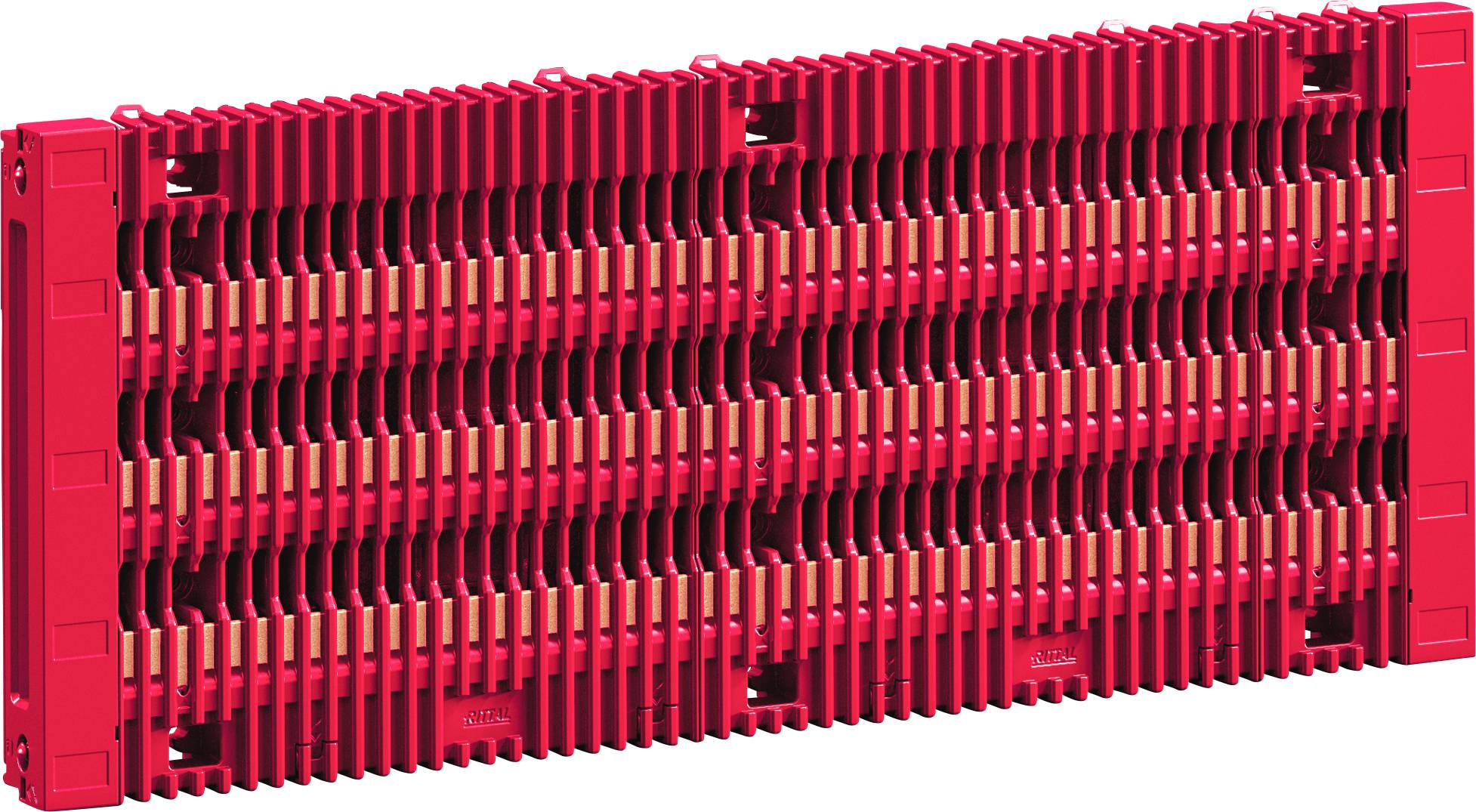 Un morceau de jouet de construction en plastique rouge, rectangulaire, doté de multiples rainures et emboîtures imbriquées permettant de se connecter à d'autres pièces.