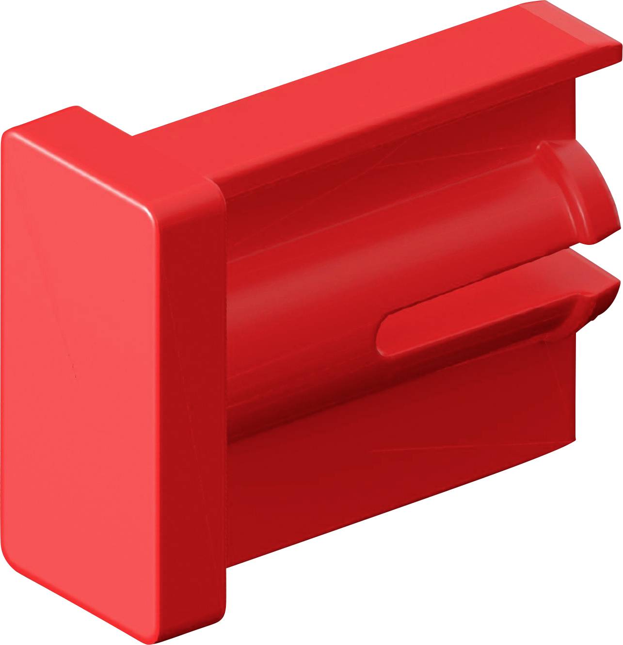 Un clip en plastique rouge de forme rectangulaire, présentant un côté plat et une rainure pour l'attachement ou la fixation d'objets de manière sécurisée.