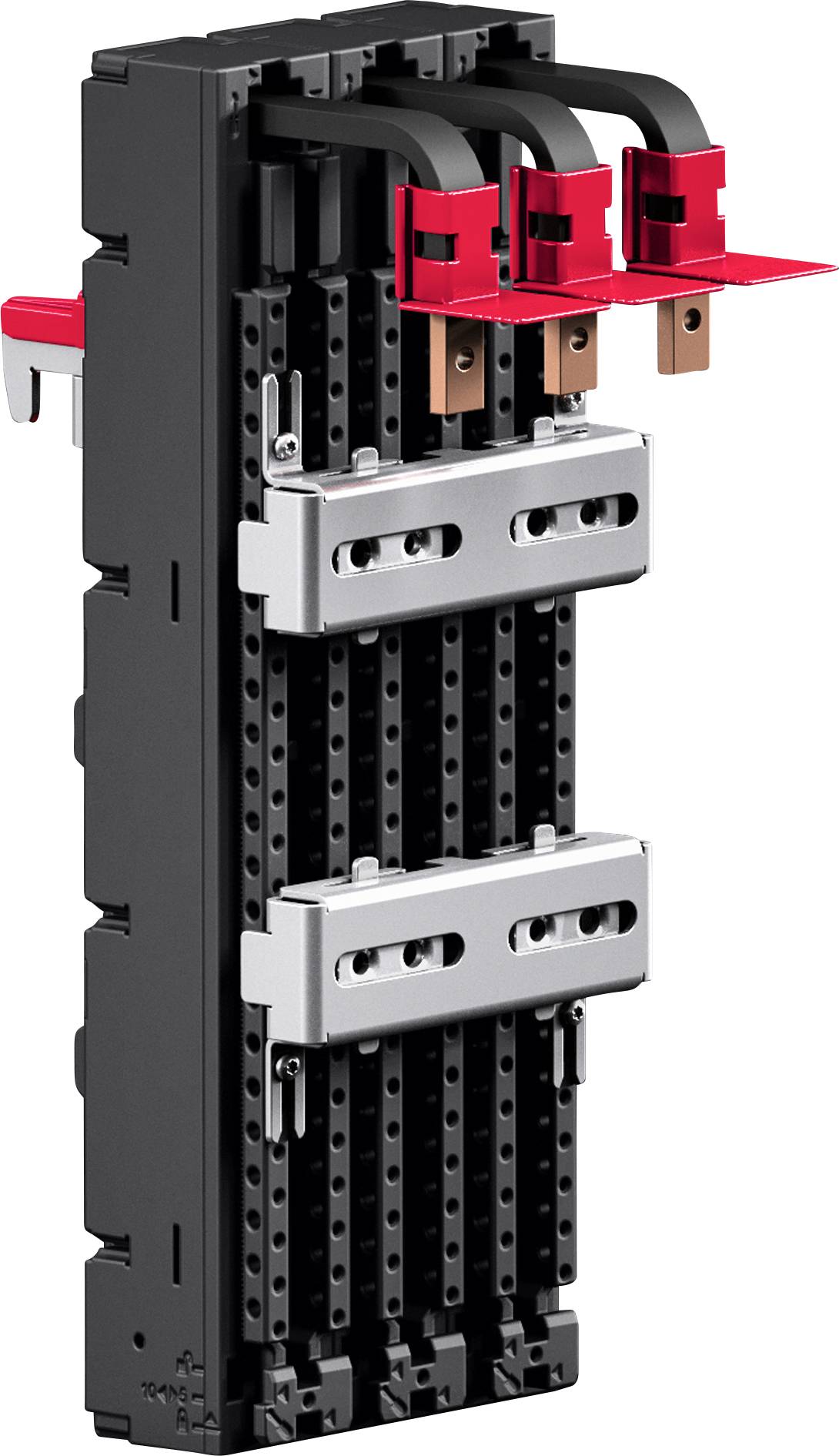 Une unité de distribution électrique à composants modulaires, présentant des raccords noirs et rouges, utilisée pour organiser et connecter des circuits électriques.