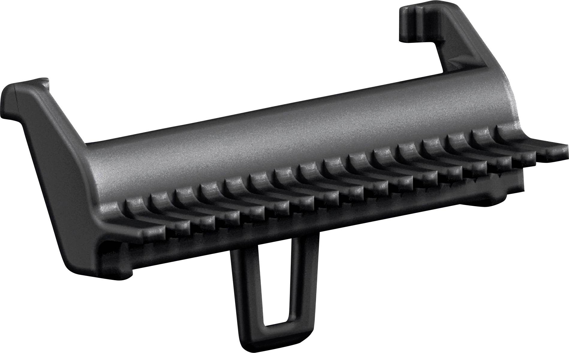 Une vue rapprochée d'un sabot de tondeuse à cheveux noir avec un bord dentelé en forme de peigne et un mécanisme de fixation.