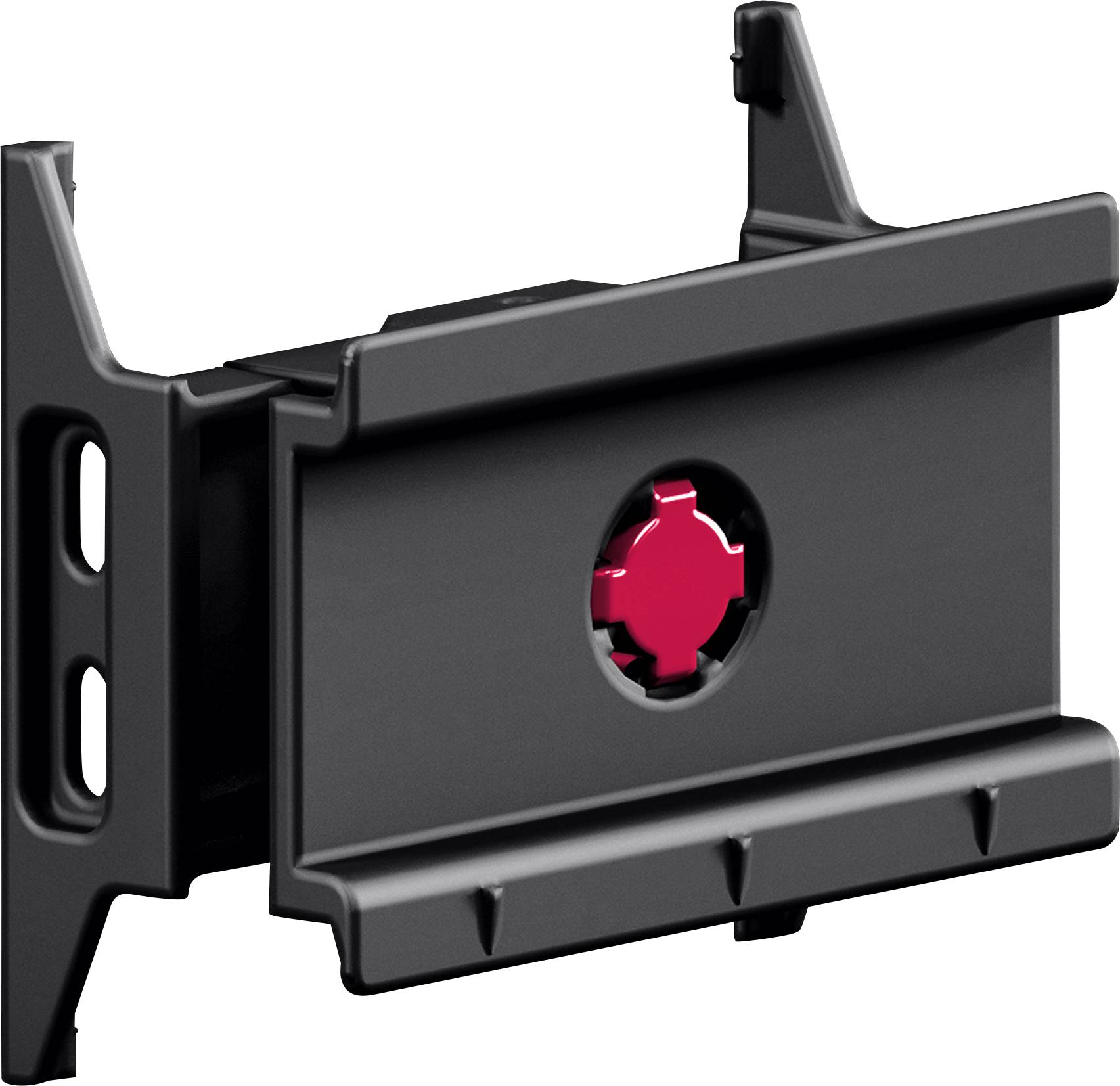 Un support en plastique noir avec un engrenage central rouge visible, conçu pour attacher ou maintenir des objets en place, probablement destiné à être utilisé dans des équipements électroniques.