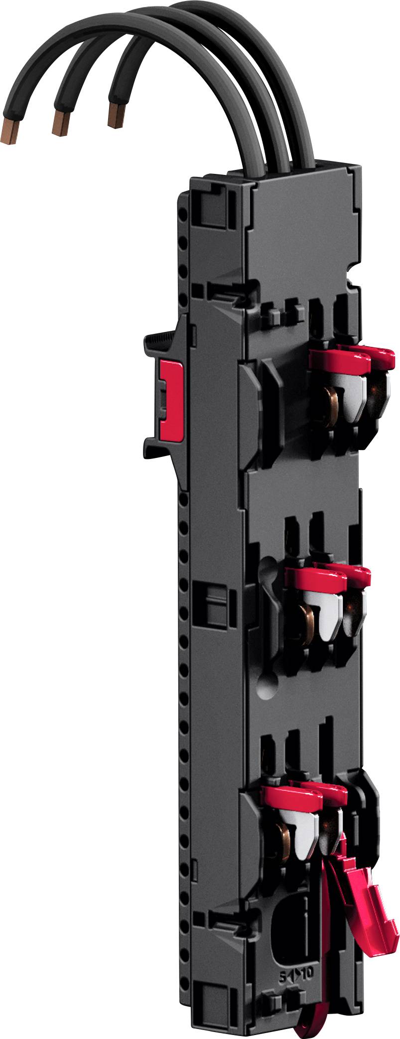 Un bloc connecteur électrique noir avec trois leviers rouges sur un côté et plusieurs entrées de fils de cuivre de l'autre côté.