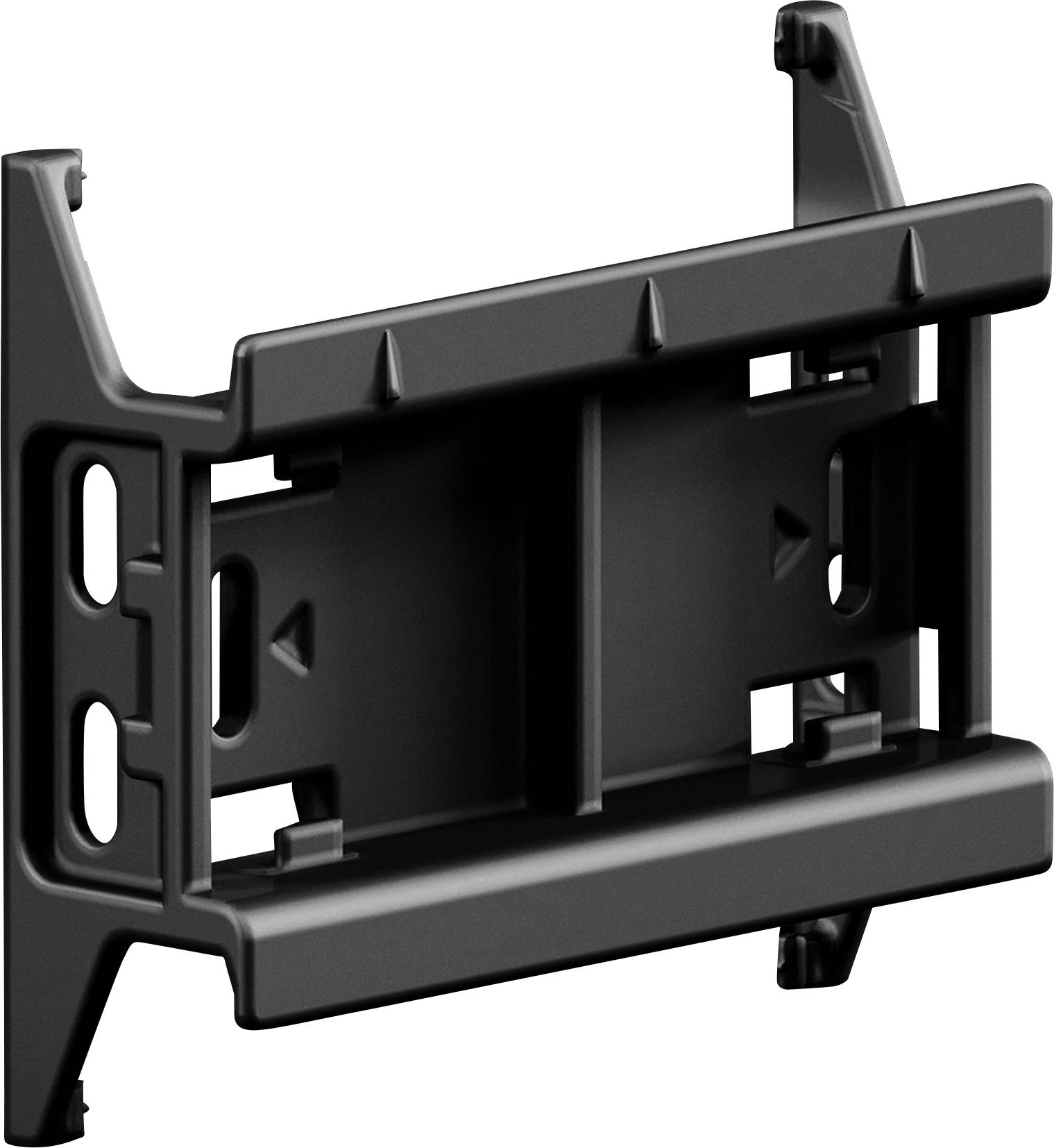 Un support de montage noir de forme rectangulaire, conçu pour fixer ou attacher du matériel, comprenant des emplacements et des crochets pour l'installation.