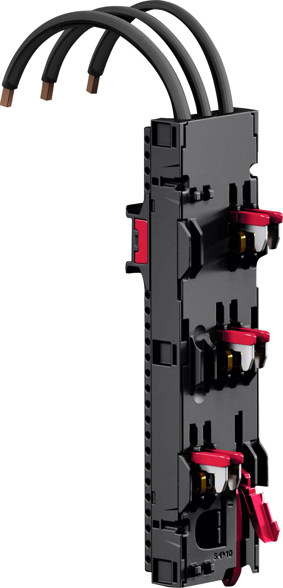 Disjoncteur électrique avec trois interrupteurs rouges et trois câbles noirs, utilisé pour la sécurité et le contrôle des circuits électriques.