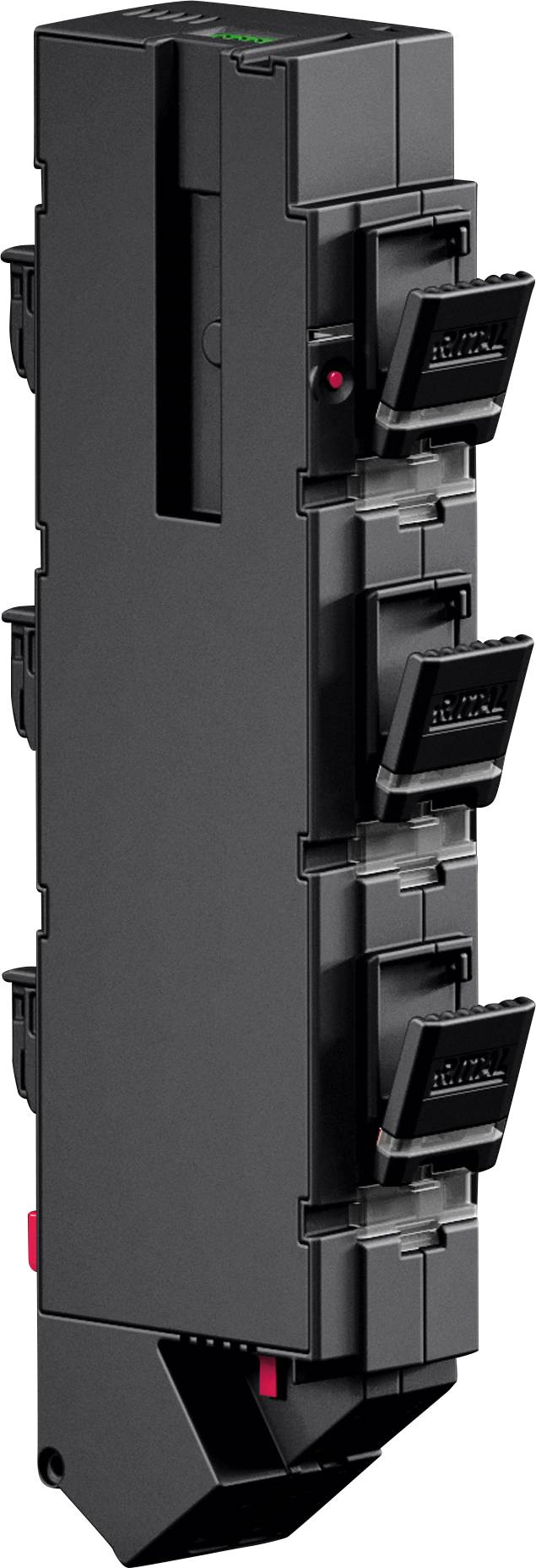 Système de jeu de barres Siemens 8US avec cinq emplacements pour l'insertion de dispositifs de protection de circuit, présenté en orientation verticale avec une finition noire.