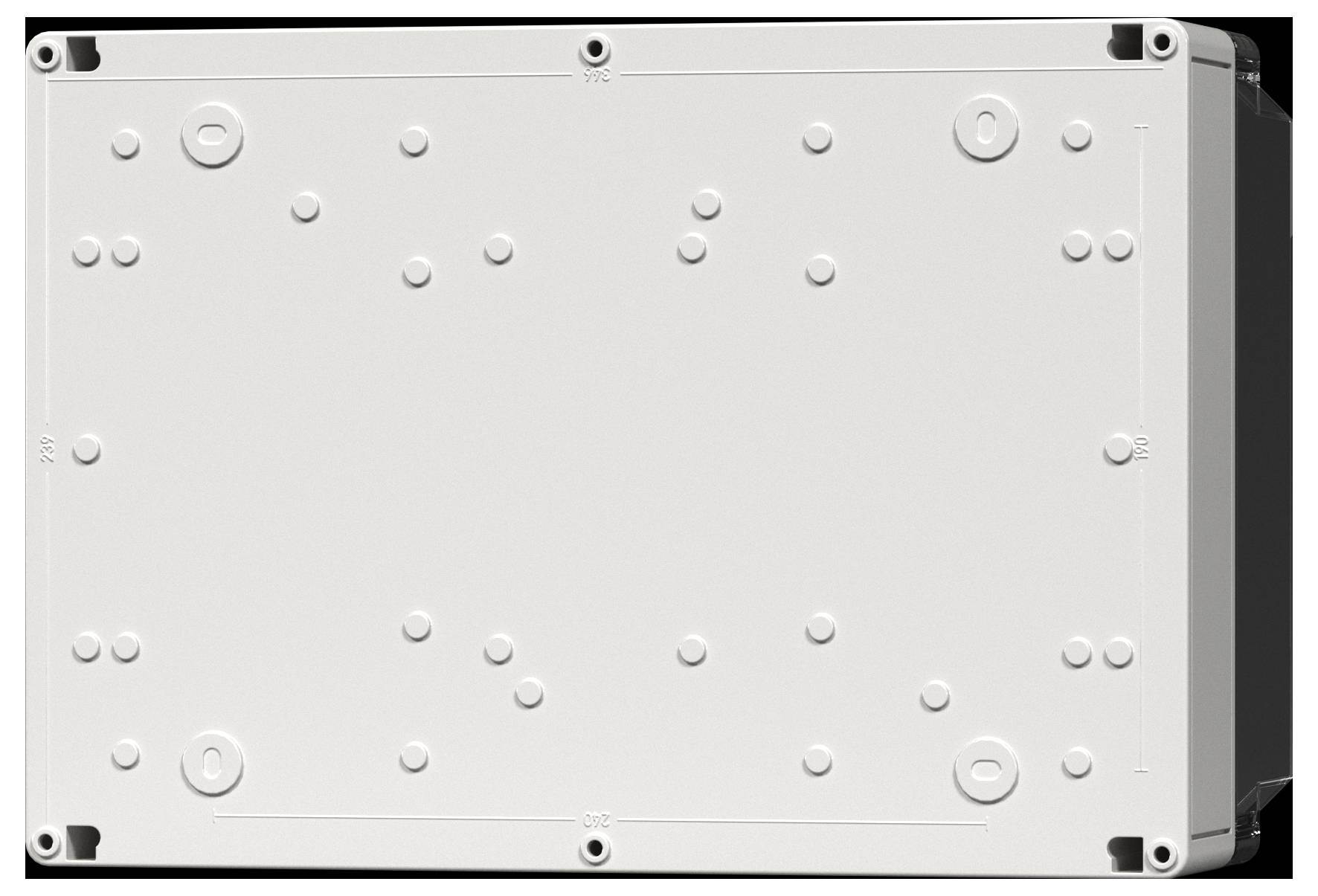 « Boîte de jonction rectangulaire blanche en plastique avec plusieurs points de montage arrondis et trous de vis, vue du dessus. »