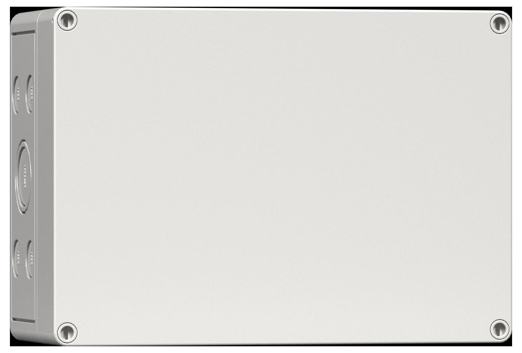 Un boîtier de jonction électrique rectangulaire gris en métal, pourvu de vis dans chaque coin et de plusieurs points d'accès sur les côtés.