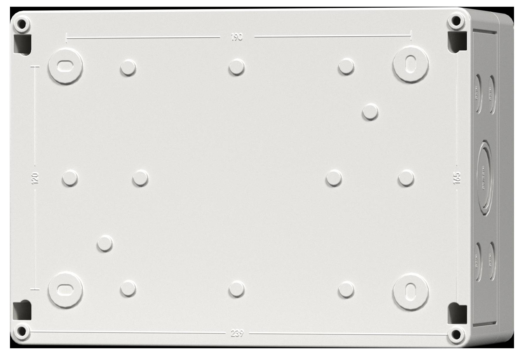 Un boîtier de jonction rectangulaire blanc en plastique, doté de plusieurs découpes circulaires et de fixations d'angle, utilisé pour loger des connexions électriques.