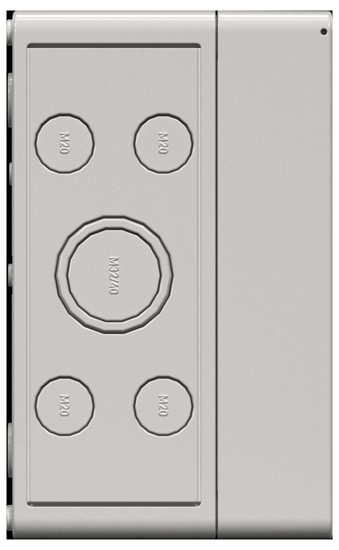 Un panneau métallique rectangulaire avec cinq perforations circulaires étiquetées « M20 » pour l'entrée de câbles, conçu pour les connexions électriques.