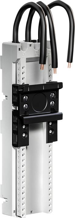 « Un disjoncteur électrique blanc et noir avec des fils noirs apparents, conçu pour être installé dans un tableau électrique. »