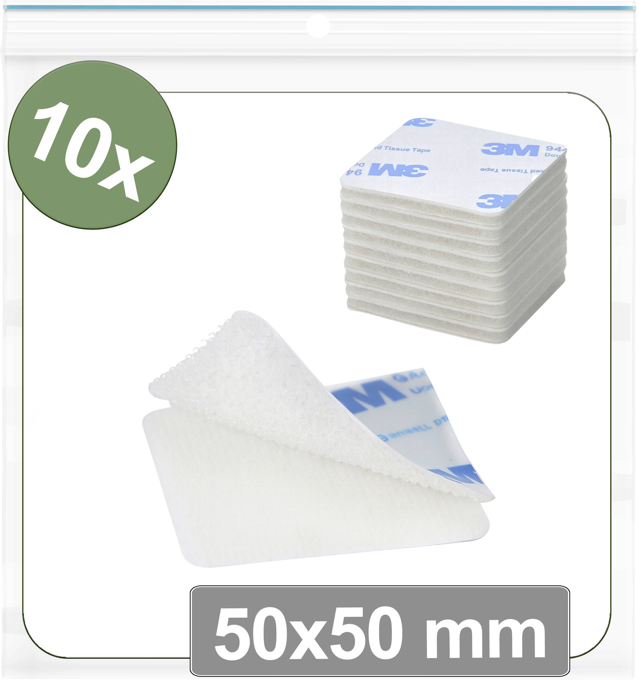 10 tampons adhésifs 3M, taille 50x50 mm, présentés empilés et individuellement décollés, dans un emballage transparent.