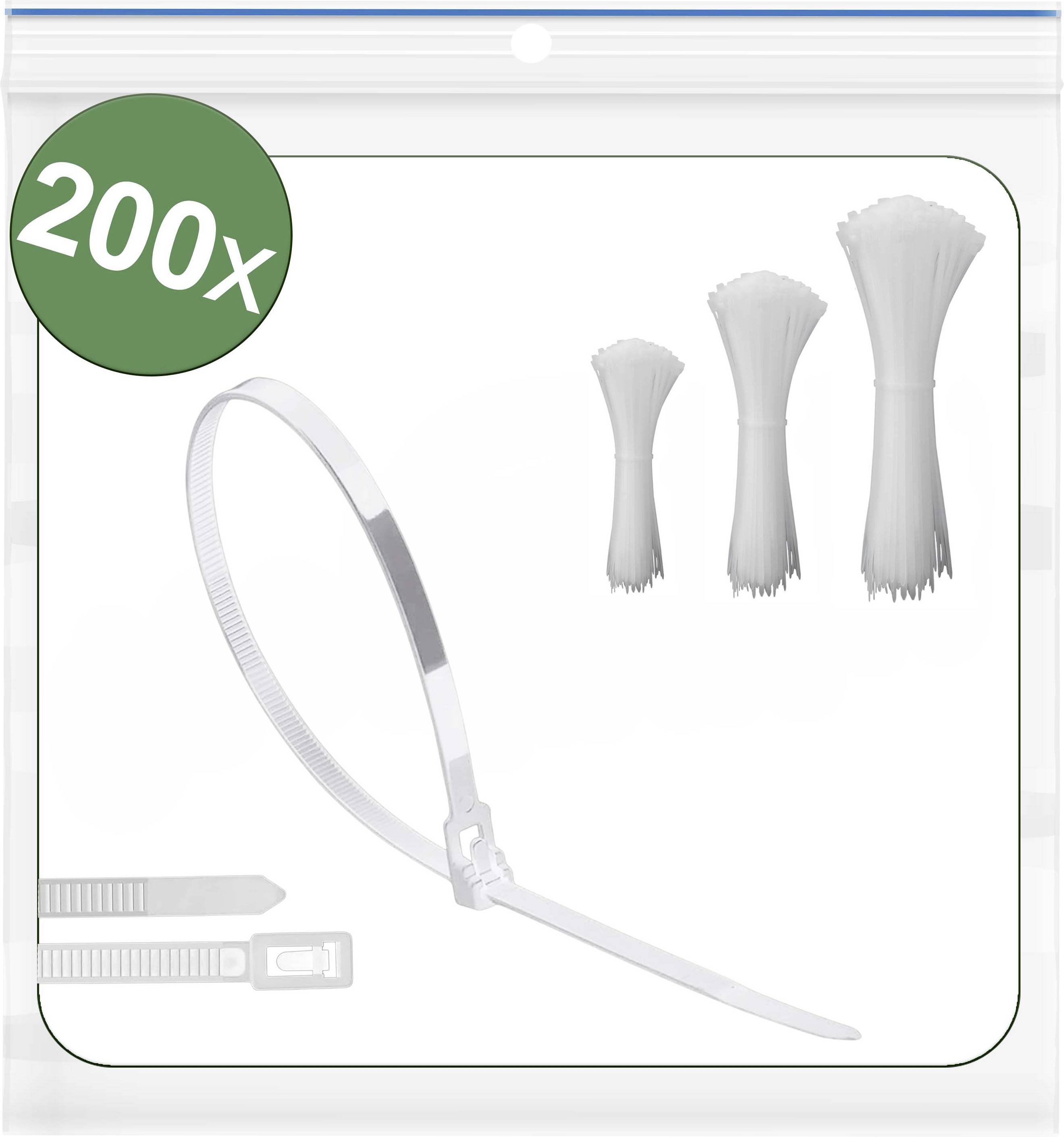 « 200x attaches de câble en nylon blanc » présentées dans un sac en plastique transparent. Trois lots de liens sont disposés en piles sur le côté droit.
