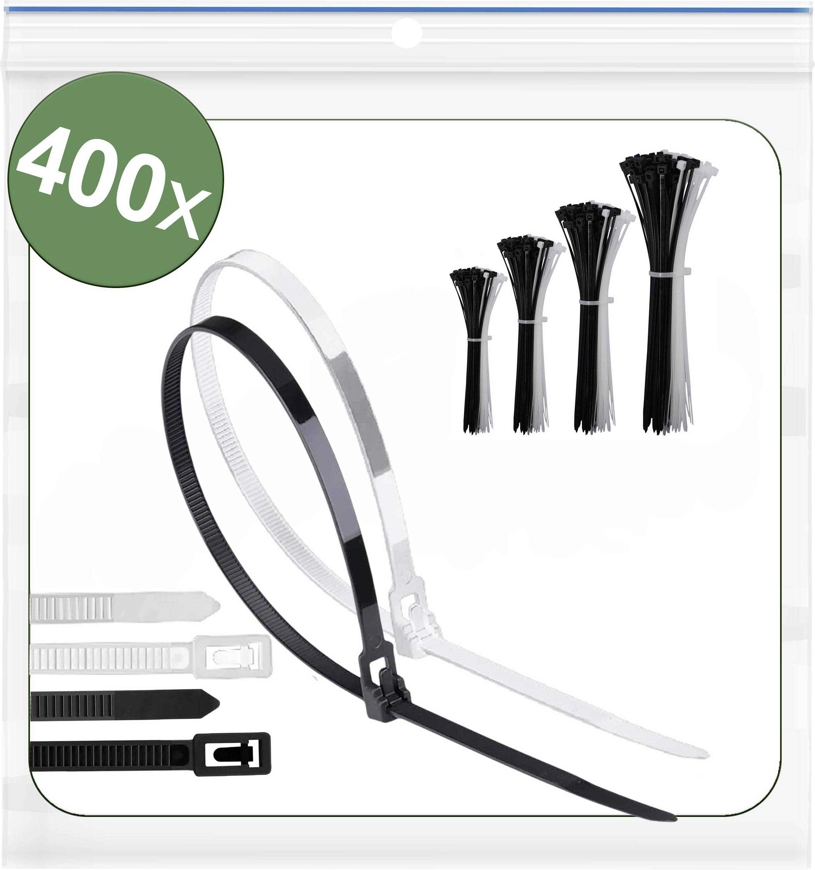 Pack de 400 attaches de câble en noir et blanc de différentes tailles.