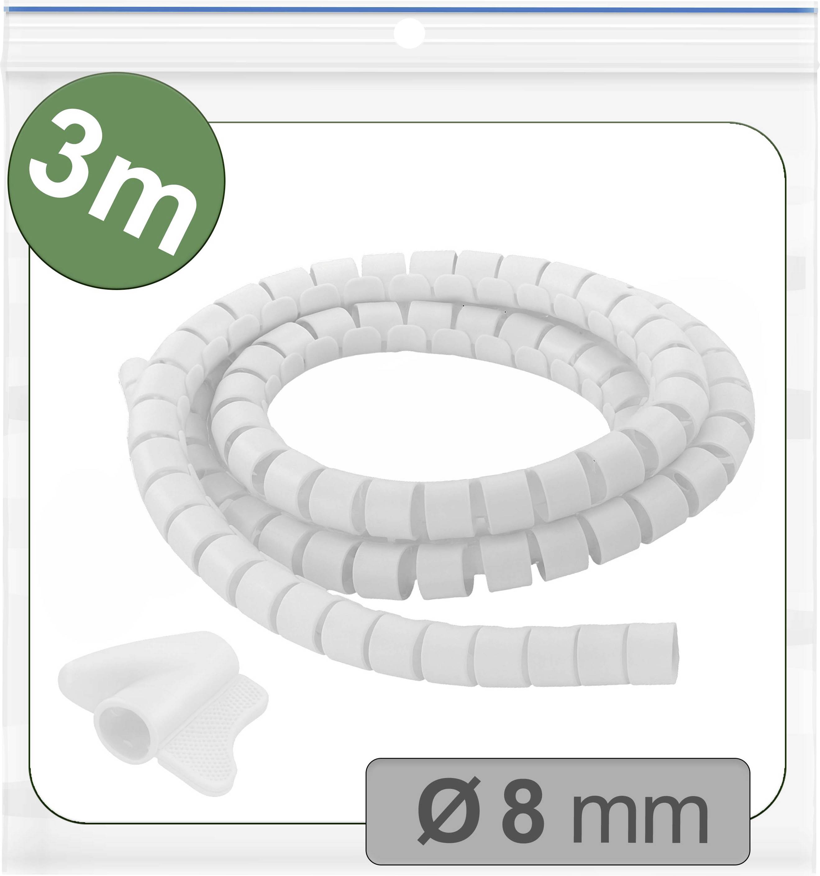 Organisateur de câbles blanc, long de 3 mètres, diamètre de 8 mm, enroulé dans son emballage avec clips inclus.