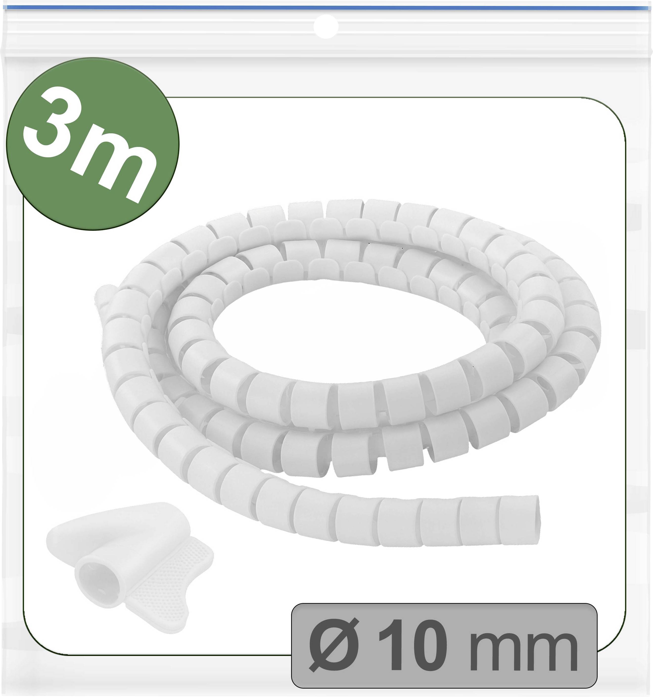 Une gaine de câbles blanche enroulée en spirale, mesurant 3 mètres de long et 10 mm de diamètre, présentée sur son emballage.
