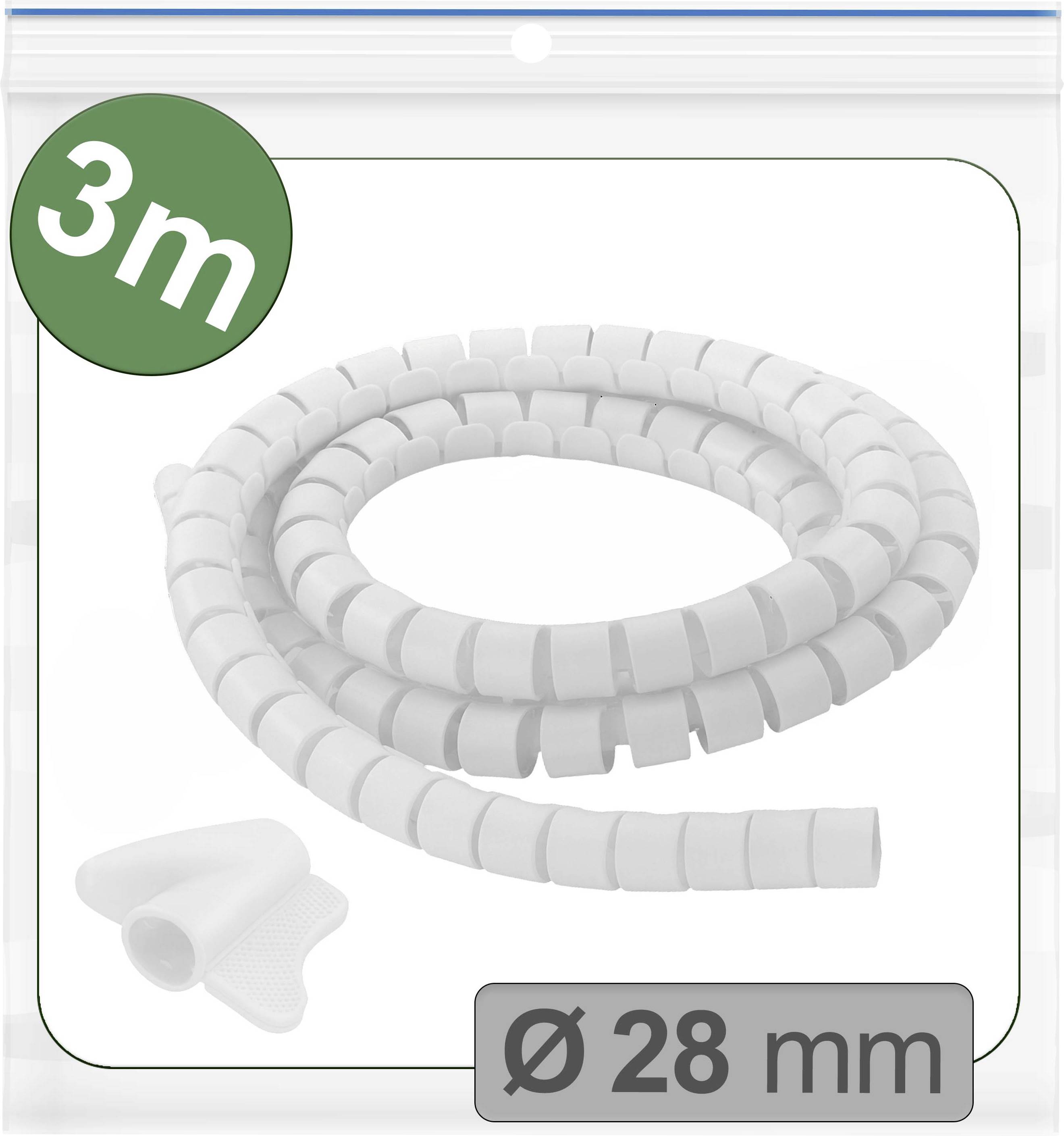 Gaine de câble spiralée blanche de 3 m de long, diamètre de 28 mm, enroulée à l'intérieur d'un emballage transparent, avec une étiquette verte indiquant '3m'.