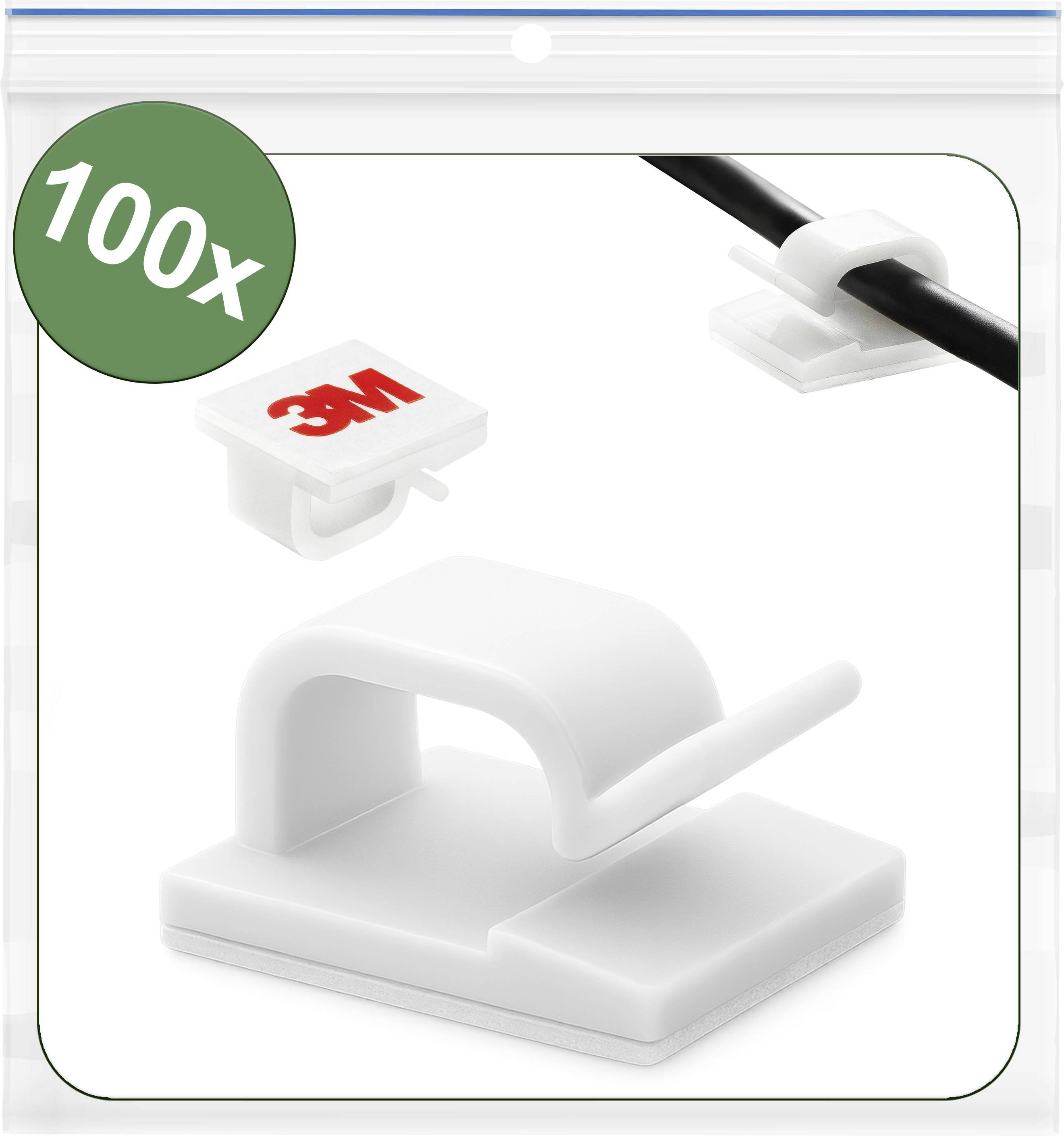 Clips de câble en plastique avec dos adhésif pour organiser les fils, présentés dans un emballage ouvert étiqueté « 100x », avec une étiquette de marque 3M.