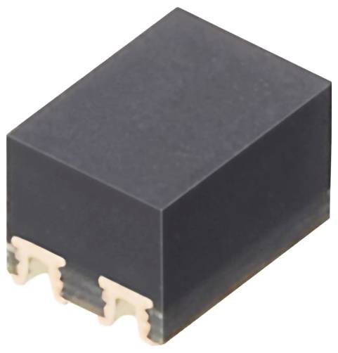 Un petit composant électronique rectangulaire noir avec des bornes métalliques, probablement un semi-conducteur ou un dispositif similaire, vu d'un angle supérieur.